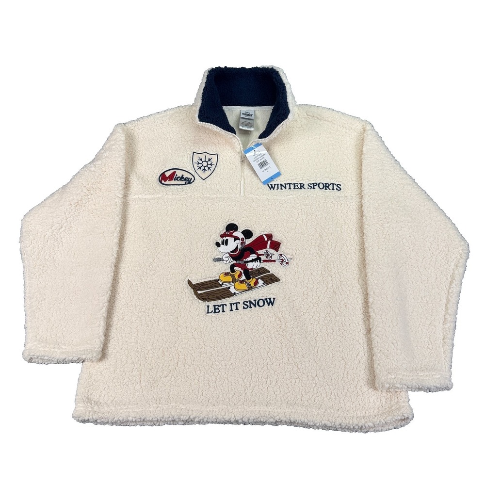 Disney Mickey Mouse Winter Sherpa 1/4 Zip Pullover Jacket Womens Sz L Off-White
